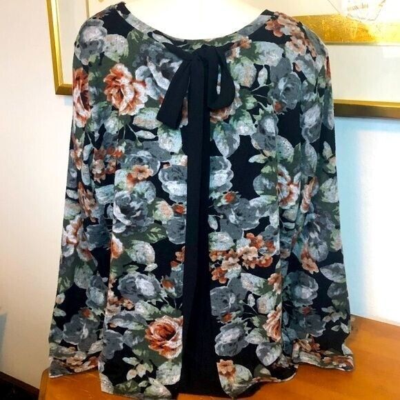 Bobeau Womens Large Black Multicolor Floral Knit Tie Knit Back w/ Sheer Sweater - Picture 3 of 15